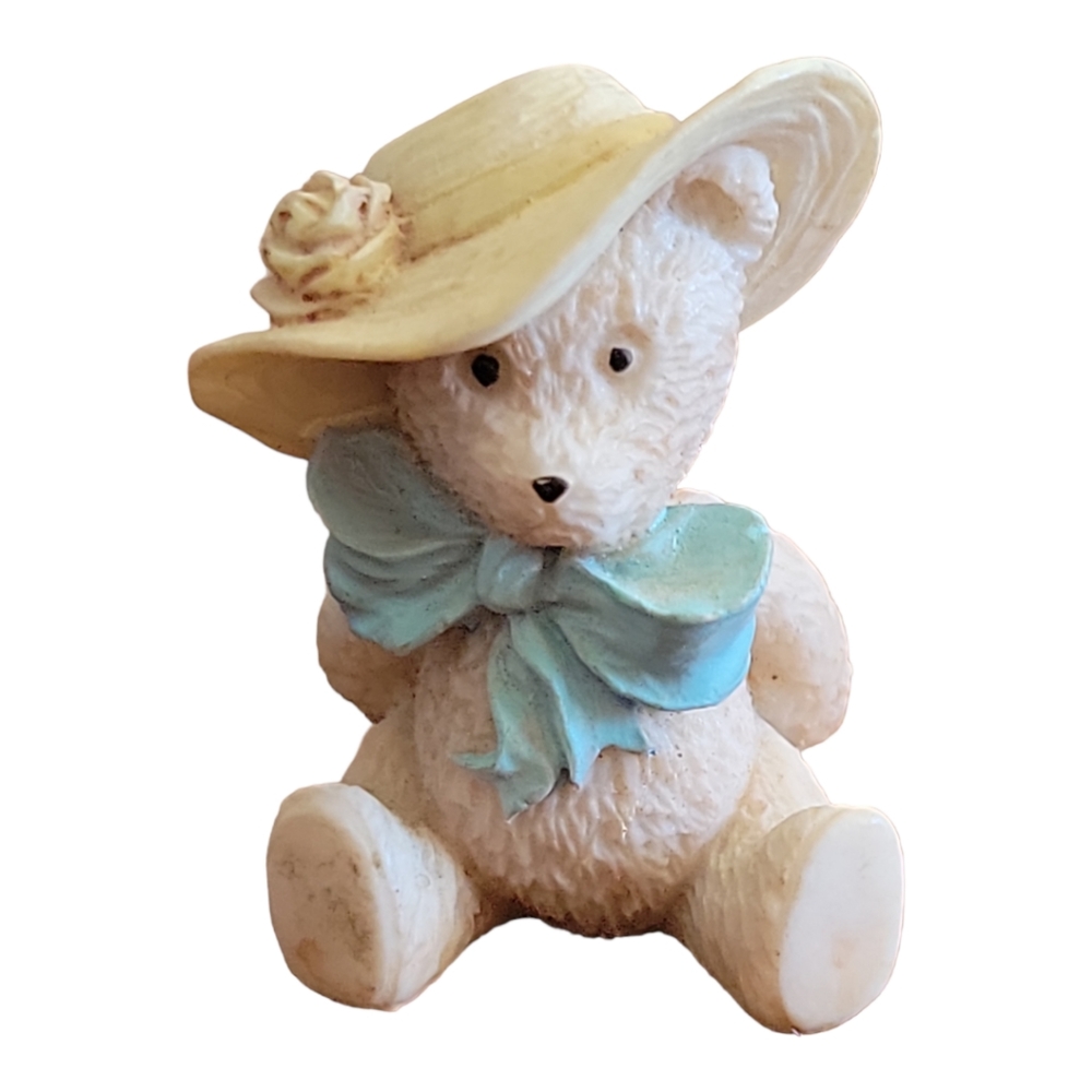 Vtg Flop Hat Rose Blue Bow Sitting Teddy Bear Mini Figurine Statue